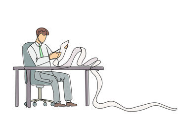 Poster - Continuous one line drawing of businessman sitting in work chair holding roll of billing paper. Monthly recurring bill payment. Employee salary bills and other payments. Single line draw design vector