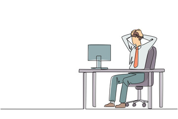 Poster - single one line drawing of stressful businessman sitting in work chair is holding his head with both