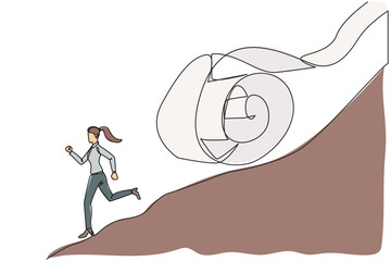 Poster - Single continuous line drawing of young businesswoman runs down hill while being chased by rolls of paper bills. Chased by ever-growing bills. Business failure. One line design vector illustration