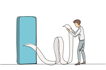 Poster - Single continuous line drawing young businessman holding billing paper roll coming out of smartphone. Billing which contains online payments, telephone bills, transfer transactions. One line vector