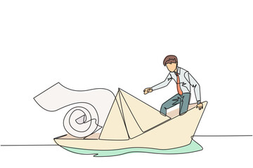 Poster - Single continuous line drawing of businessman boarded a paper boat loaded with rolls of paper bills and almost drowned. Spending more than income. Large pegs than poles. One line vector illustration