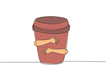Wall Mural - Single one line drawing of hands hugging paper cup coffee. A cup of coffee to accompany work. Coffee can help concentration, reduce the risk of depression. Continuous line design graphic illustration