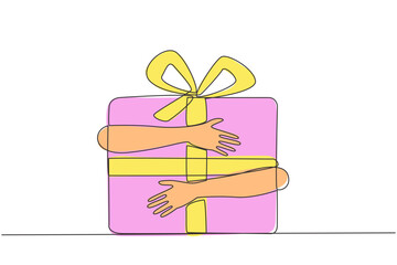 Wall Mural - Single continuous line drawing of hands hugging gift box with red ribbon. Smart work that results in year-end bonuses. Work hard. Work smart. Sincere work. Get the bonus. One line vector illustration