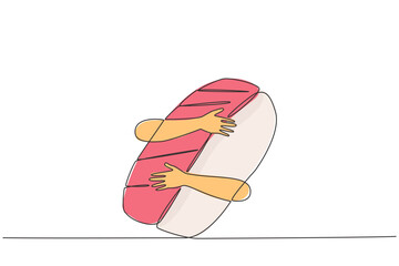 Poster - Single one line drawing of human hands hugging sushi. It's International Sushi Day. Commemorated every June 18 every year. World famous Japanese food. Continuous line design graphic illustration