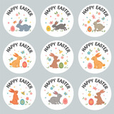 Fototapeta  - Easter round stickers badges with bunny, egg, spring flowers. Easter holiday labels vector design elements set. Happy Easter typography message with festive rabbit, bunny eggs, flowers, butterfly.