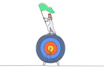 Poster - Continuous one line drawing of Arabian businessman standing on giant arrow target board raising flag. Focus on targets, be patient, smart business, success will be achieved. Single line draw vector