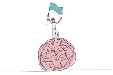 Poster - Single continuous line drawing of young Arabian businessman standing on giant tangled circle. Raising flag on his hand. Businessman who manage to get out of anxiety of mind. One line design vector