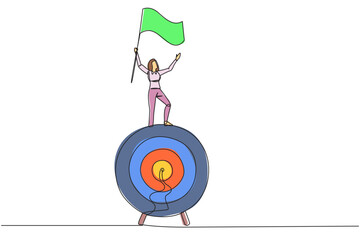Poster - Continuous one line drawing of young businesswoman standing on giant arrow target board raising flag. Focus on targets, be patient, smart business, success will be achieved. Single line draw design