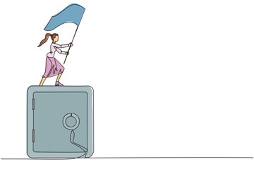 Poster - Single one line drawing young businesswoman standing on giant safe deposit box raising flag. The importance of keeping documents business in a safe place. Continuous line design graphic illustration