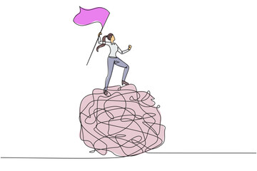 Poster - single continuous line drawing of young businesswoman standing on giant tangled circle. raising flag