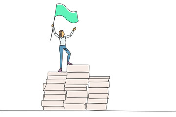 Poster - Single one line drawing of businesswoman standing on piles of paper document raising flag. Create business plan with lots of data. Winner even though there is a lot of work. Continuous line design