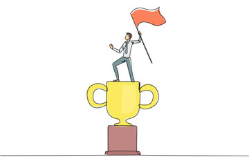 Poster - Single continuous line drawing young businessman standing on giant trophy. Raising flag as victory for business achievement. Determination for career success concept. One line design illustration
