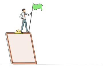 Poster - single one line drawing of businessman standing on giant clipboard holding flag. create a daily busi