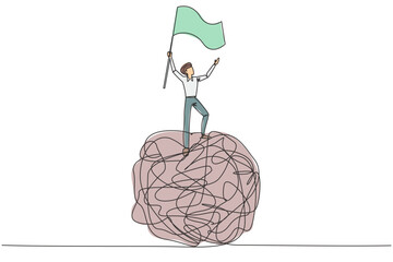 Poster - Continuous one line drawing of young businessman standing on giant tangled circle. Raising flag on his hand. Businessman who manage to get out of anxiety of mind. Single line draw vector illustration