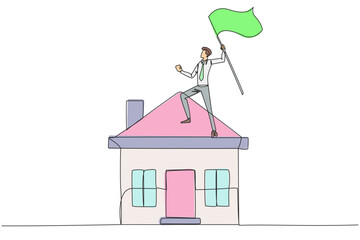 Poster - Continuous one line drawing of young businessman standing on miniature house raising flag. Entrepreneurs who are successful in home property deserve an award for his business. Single line draw vector
