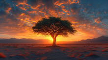 Old Oak In Sunset With Sun