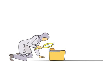 Poster - Continuous one line drawing Arabian businesswoman holds magnifying glass highlighting folder icon. Look for old files are still important to move to a safer place. Single line draw vector illustration