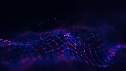 Poster - Abstract technology wave with dots and lines. Flow of particles. Big data transfer visualization. 3d rendering.
