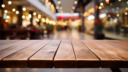 Wooden table blurred background of restaurant,  image of wooden table in front of abstract blurred background of resturant lights Empty tabletop in the coffe shop