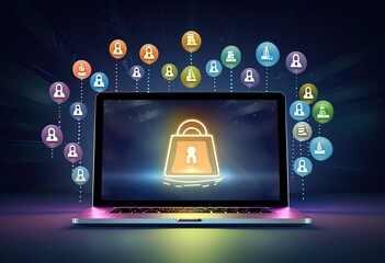 Poster - Futuristic cyber security concept: digital lock icon surrounded by glowing circuits illustrating data protection and encryption