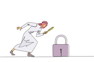 Poster - single continuous line drawing arabian businessman holds magnifying glass look at padlock. looking w