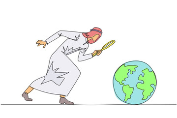Poster - Single one line drawing of Arabian businessman holding magnifying glass looking at globe. Analyze and map the territory to open the new business. Growing business. Continuous line graphic illustration