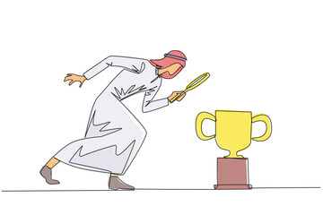 Poster - Single continuous line drawing of Arabian businessman holding magnifying glass looking at trophy. Long journey of running a business pays off by finding trophy as reward. One line vector illustration