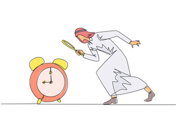 Poster - single one line drawing arabian businessman holding magnifying glass looking at alarm clock. super b