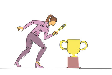 Poster - single continuous line drawing of businesswoman holding magnifying glass looking at trophy. long jou