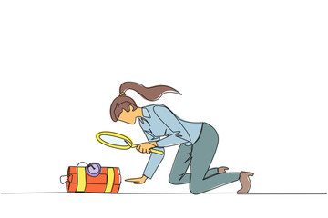 Poster - Continuous one line drawing businesswoman holding magnifying glass highlighting dynamite has a clock. Trying to shut down without exploding. Removing barriers. Single line design vector illustration