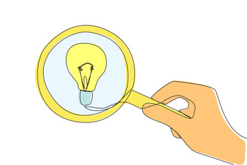 Poster - Single continuous line drawing big hand holding magnifying glass highlights lightbulb. Concept of ideas. Intelligence will be used and useful for business benefits. One line design vector illustration