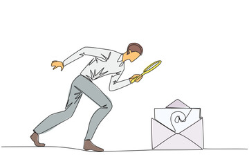 Poster - Continuous one line drawing businessman holds magnifying glass highlighting email icon. Receive important emails related to the progress of his business. Single line draw design vector illustration