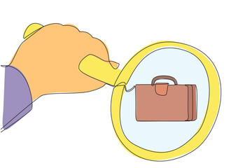 Poster - Single continuous line drawing big hand holding magnifying glass highlights briefcase. Like a detective, checking the briefcase so that the quality is suitable for business. One line design vector