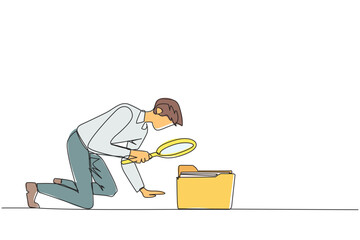 Poster - Single one line drawing of businessman holds magnifying glass highlighting folder icon. Look for old files are still important to move to a safer place. Continuous line design graphic illustration