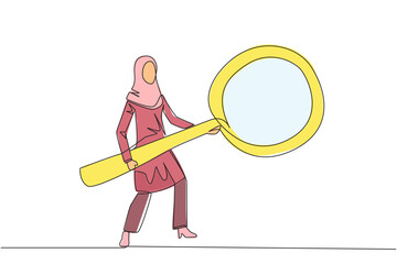Poster - Continuous one line drawing Arabian businesswoman standing holding a giant magnifier. Resembling a guitar player, she searches, analyzes, finds all the necessary data. Single line draw design vector