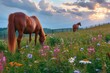 A serene scene of a majestic sorrel mare standing among a sea of vibrant flowers in a lush meadow, under a clear blue sky with fluffy clouds, evoking a sense of peace and natural beauty in the great 