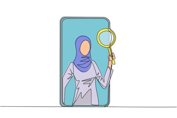 Wall Mural - Single continuous line drawing of Arabian businesswoman came out of smartphone screen holding magnifier. Utilizing internet technology on smartphones to promote business abroad. One line design vector