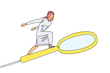 Poster - Single one line drawing Arabian businessman rides a big magnifier like he's skateboarding. Someone is trying to find the right information among big data. Continuous line design graphic illustration