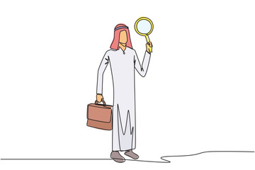 Poster - Continuous one line drawing Arabian businessman holds the magnifier in his left hand while in right hand holds a briefcase. Businessman who offer cooperation proposals. Single line draw design vector
