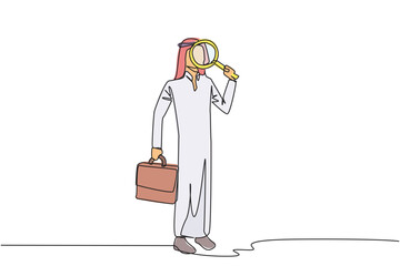 Poster - single continuous line drawing arab businessman stood holding a magnifier and the other holding a br