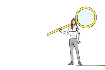 Poster - single one line drawing of energetic young businesswoman stood up carrying a huge magnifier on her s