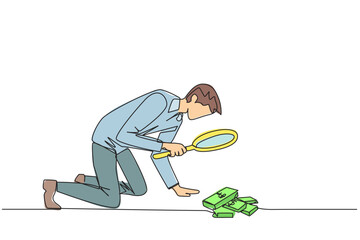 Poster - Single continuous line drawing businessman looked down examining piles of banknotes with magnifiers. Businessmen who know the rules, don't take what doesn't belong. One line design vector illustration