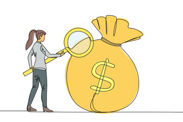 Wall Mural - Single continuous line drawing businesswoman stood checking out giant money bag with magnifier. A person's success depends on the number of money bags collected. One line design vector illustration