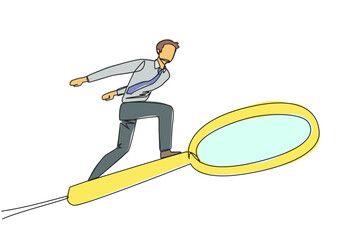 Poster - Continuous one line drawing of businessman rides a big magnifier like he's skateboarding. Someone is trying to find the right information among big data. Single line draw design vector illustration