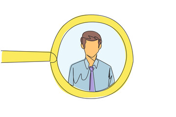 Poster - Single one line drawing of the circle of magnifiers highlights to young successful businessman. Resembles an avatar for a photo on social media. Victorious. Continuous line design graphic illustration