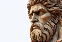A Man's Face Carved From Wood On A White Background. Place For Text.