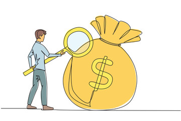 Poster - Single continuous line drawing businessman stood checking out giant money bag with magnifier. A person's success depends on the number of money bags collected. One line design vector illustration