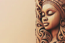 Beautiful Illustration Of A Woman's Face Carved In Wood. Place For Text.