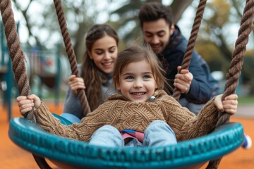 A trio of joyful family members watch as a carefree young girl gleefully swings in the sunshine at a playful outdoor playground