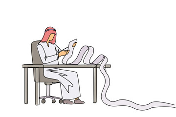 Poster - Single continuous line drawing Arab businessman sitting in work chair holding roll of billing paper. Monthly recurring bill payment. Employee salary bills and other payments. One line design vector